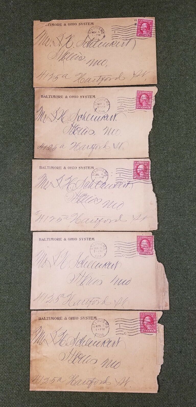 Lot 5-1914 B&O Baltimore & Ohio Railroad Envelope 2 Cent Washington Stamp Perfin