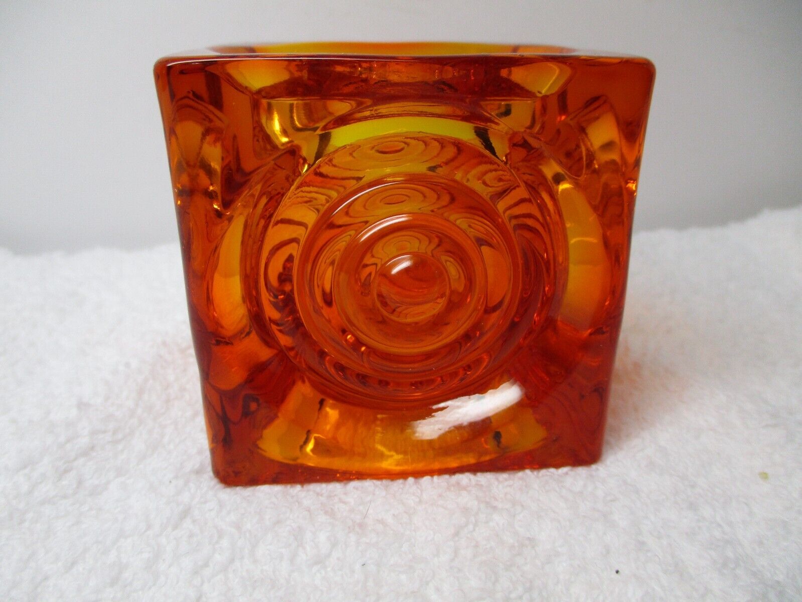 Viking Glass Bullseye Candle Holder Orange Persimmon Block Glimmer Cube 1973