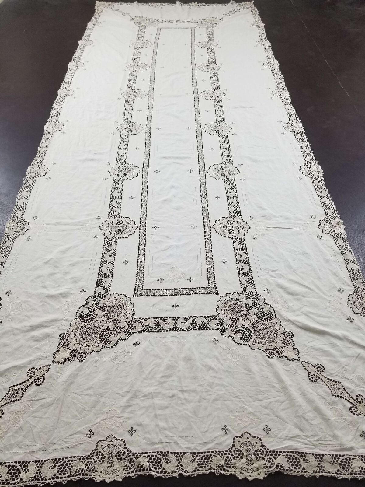 Large Vintage French Hand Embroidered Tablecloth Linen 403x155cm