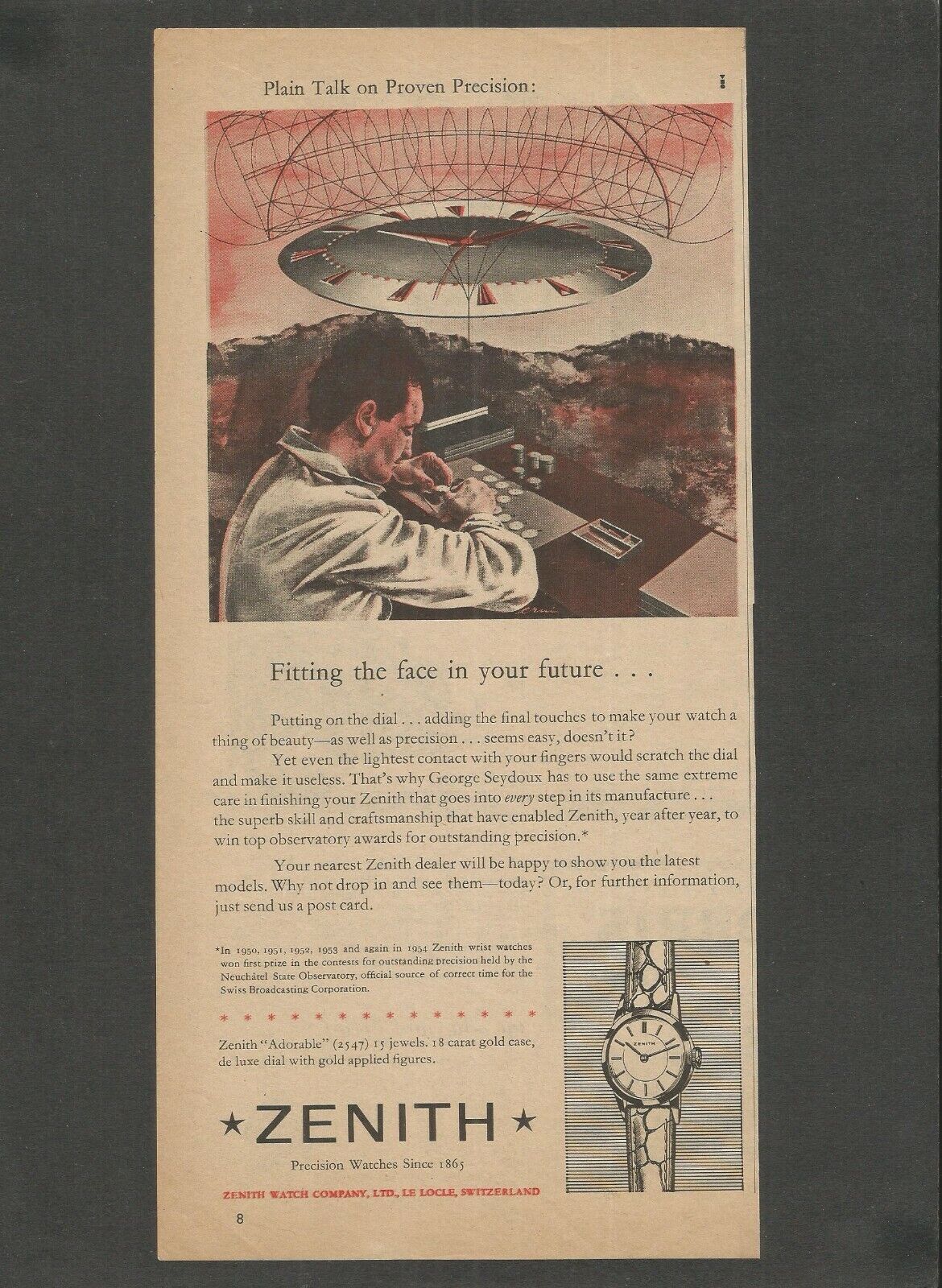 ZENITH \'\'Adorable\'\' - George Seydoux\'s superb skill- 1955 Vintage Print Ad
