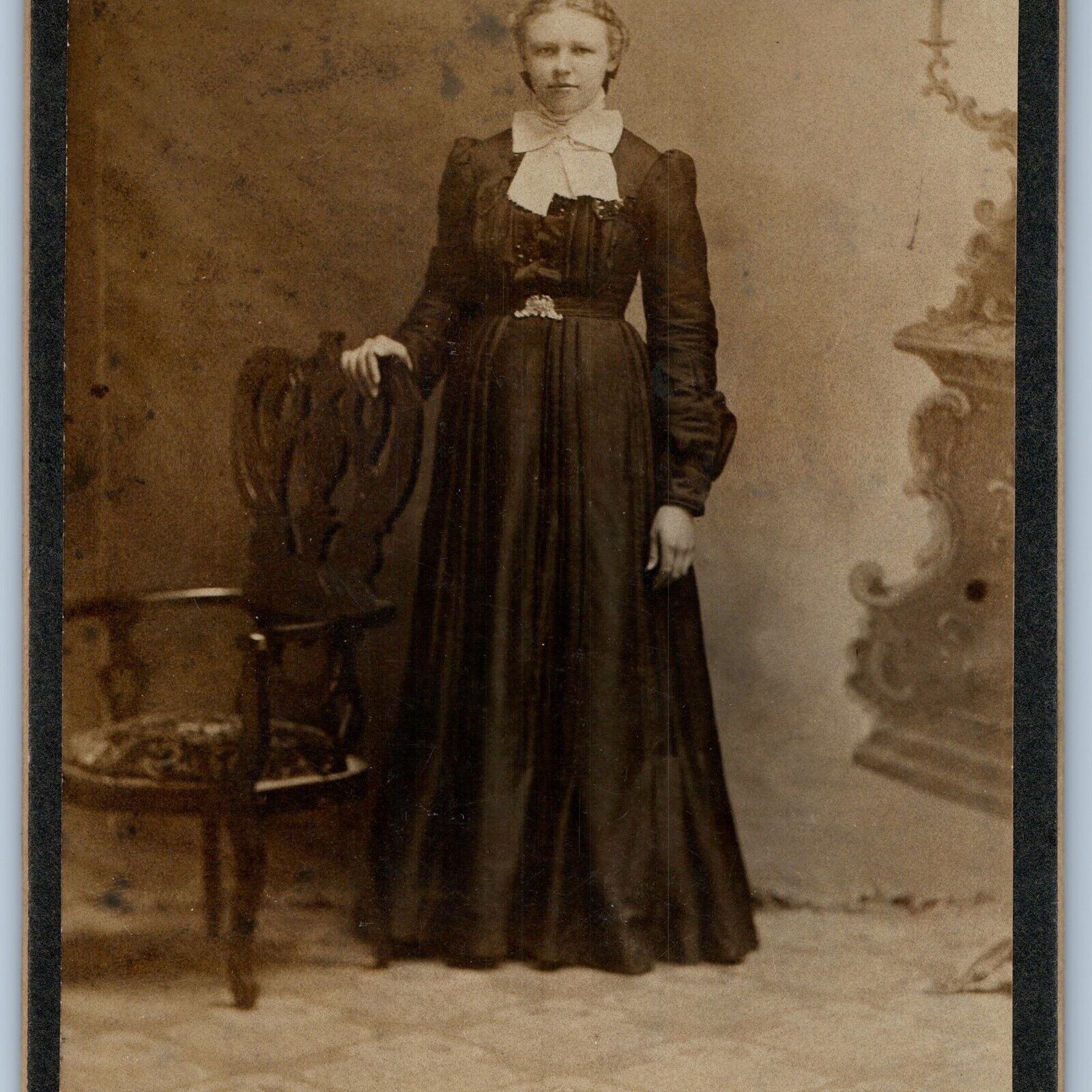 c1900s Womanly Girly Lady Cabinet Card Photo A Black Dress Big Bow Metal Belt B1