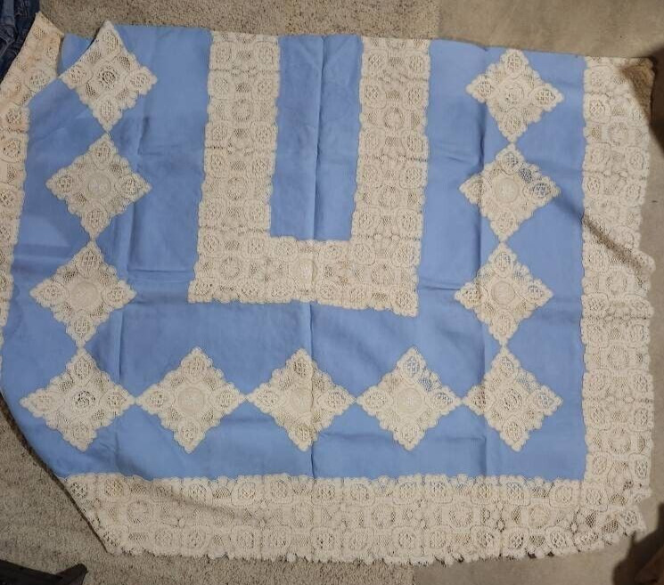 Vintage Blue Ecru and Doily Off white Tablecloth*Oversized Tablecloth