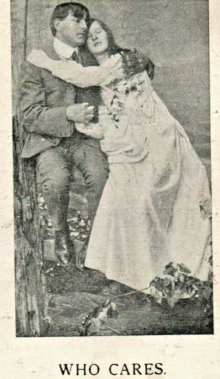 Romantic Grotesque Hand Couple Romantic Postcard \'Who Cares\' Love c.1908