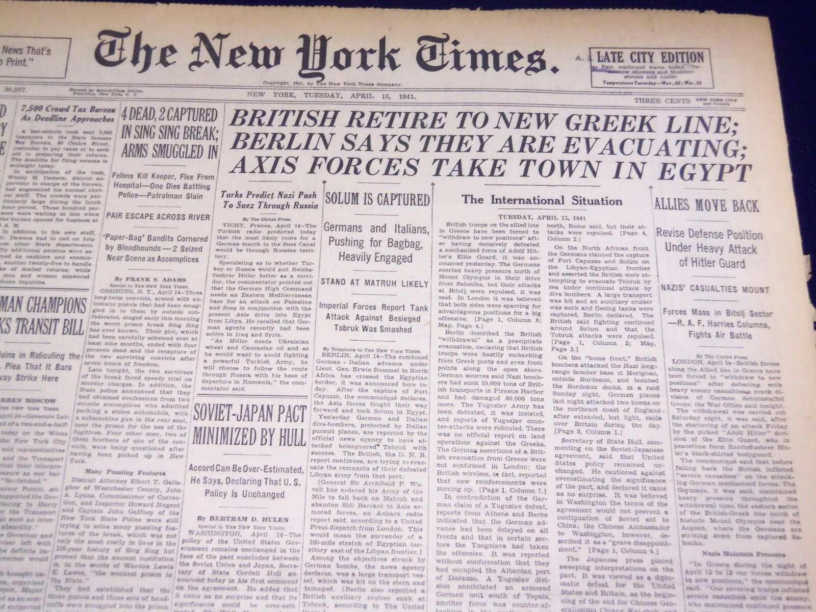 1941 APRIL 15 NEW YORK TIMES - BRITISH RETIRE TO NEW GREEK LINE - NT 1452