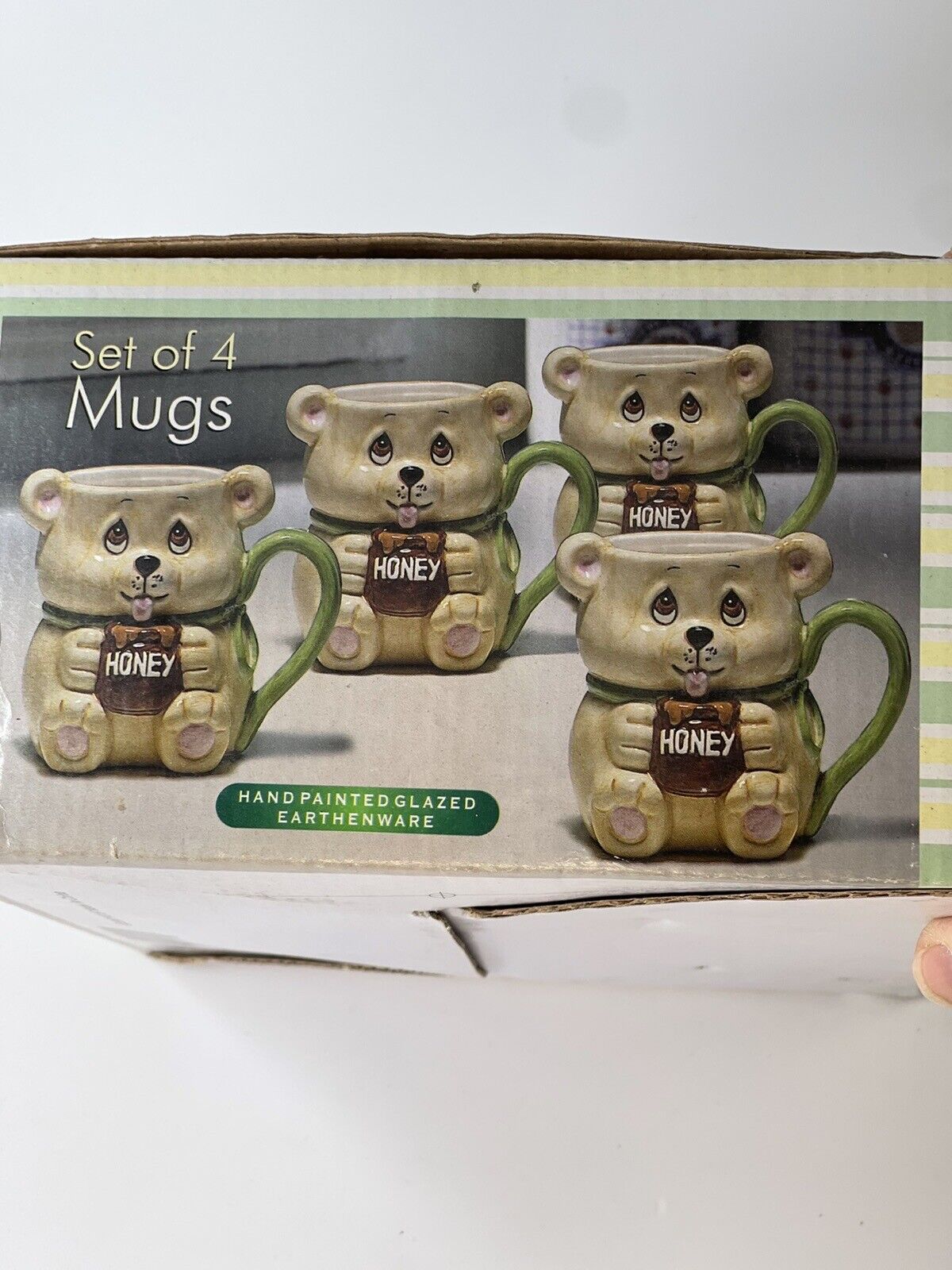 Vintage 1975 ceramic Teddy Bear Mug set O 4 w Honey Pot JSNY HandPainted Earthen