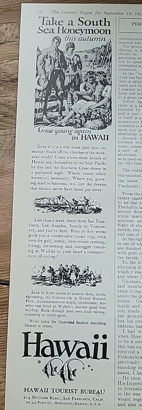 1926 Hawaii Tourist Bureau Take self sea honeymoon Growing young Vintage Ad