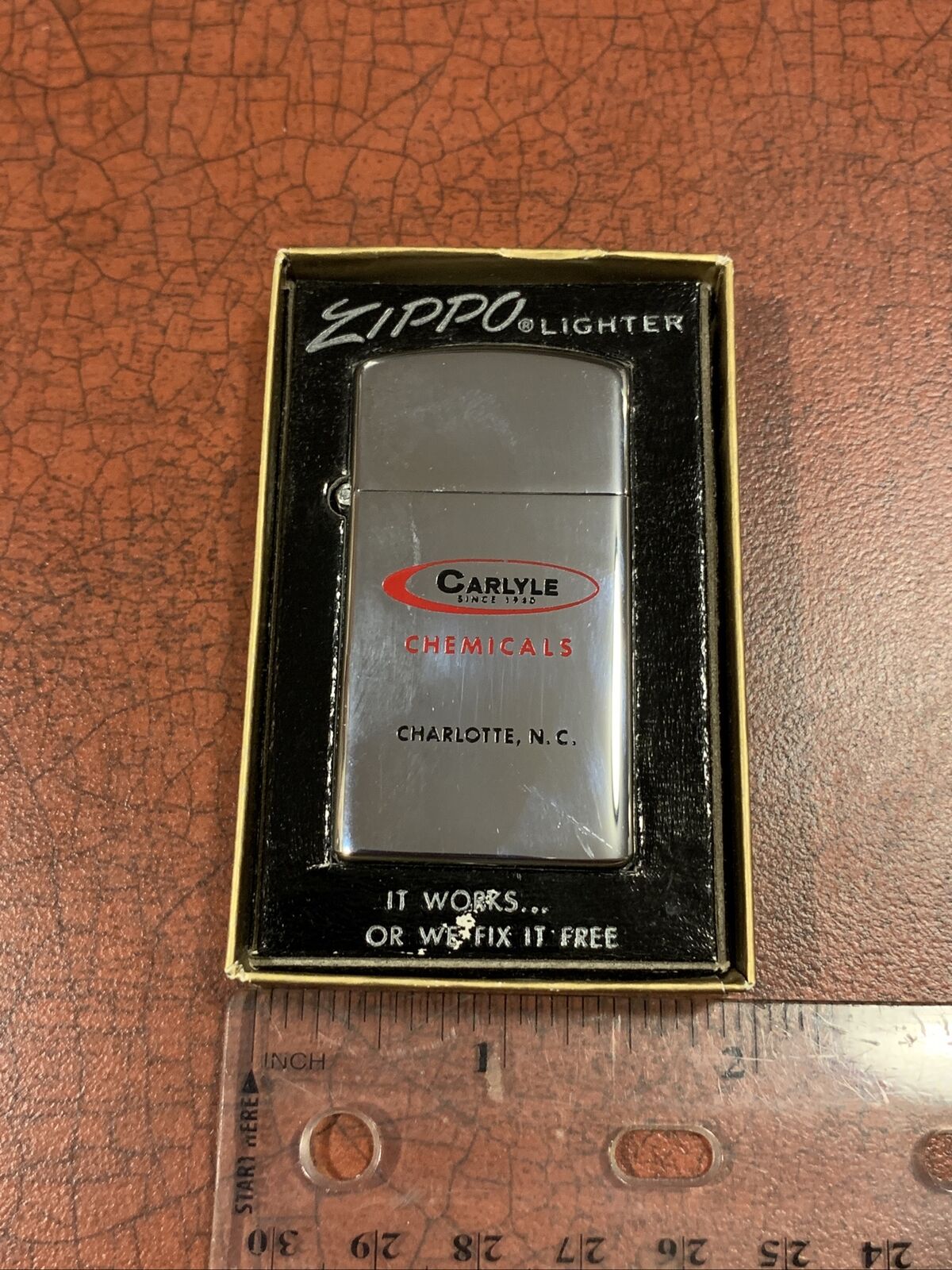 Vintage 1970’s New In Box Zippo Lighter Carlyle Chemicals Charlotte N.C. Rare