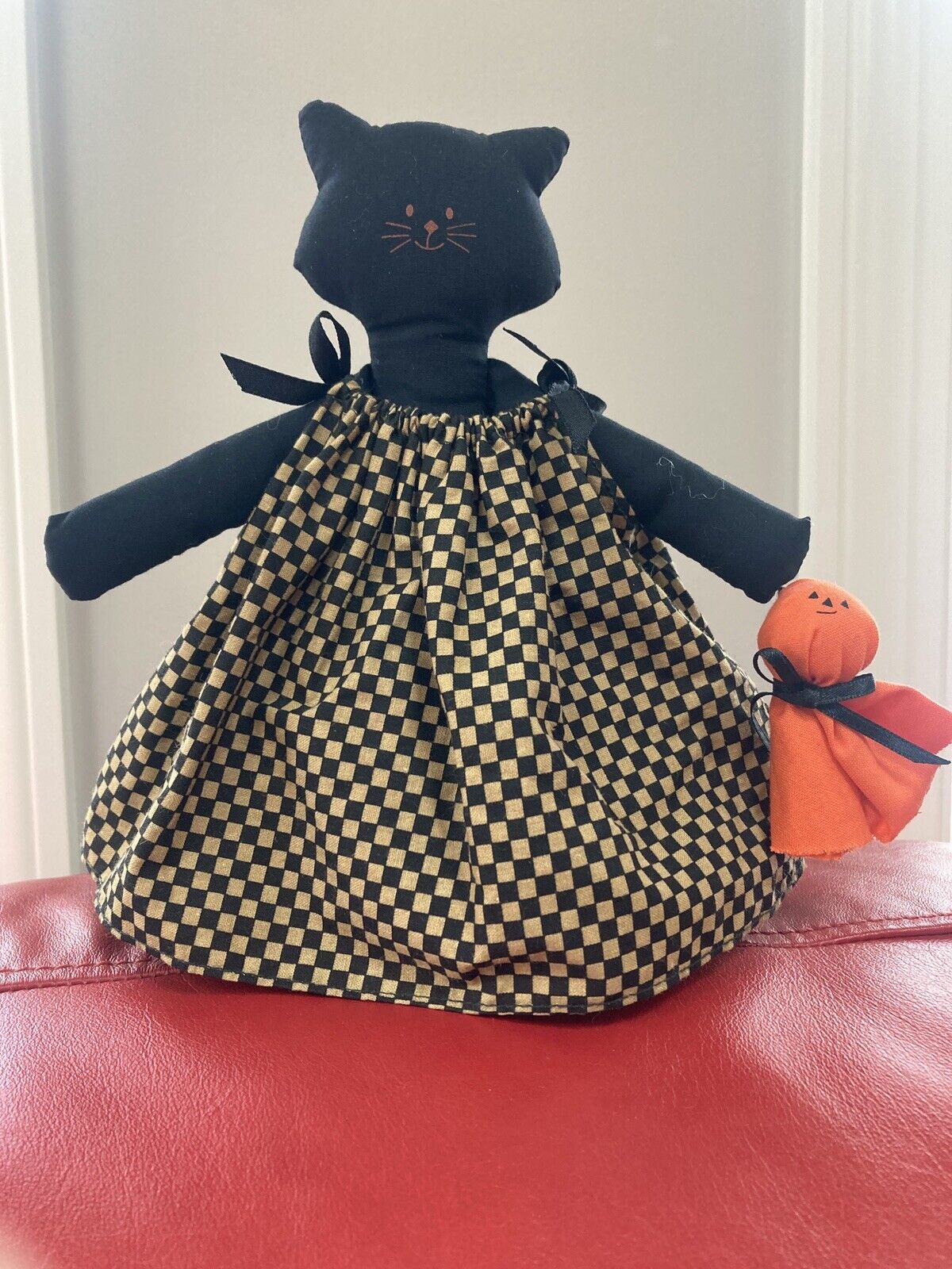 Vintage Halloween Black Cat Dress Cloth Doll Weighted Overly Raker Pumpkin Ghost