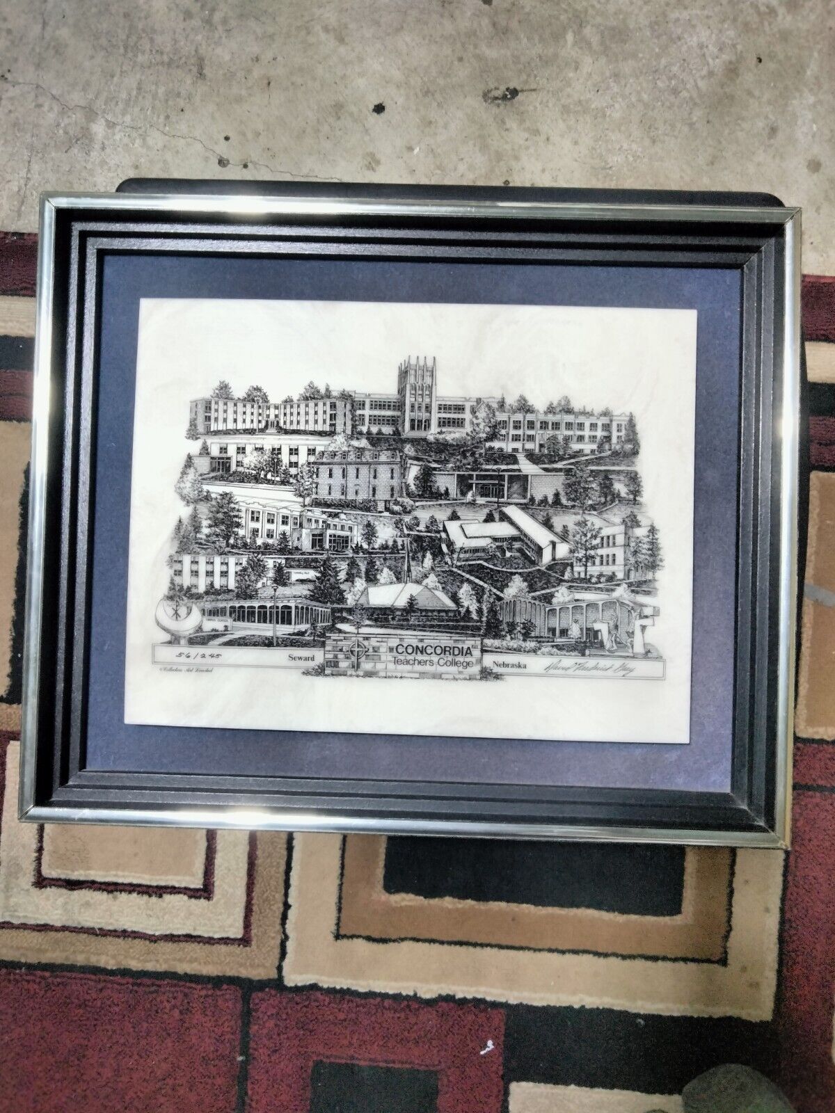 Signed Etched Marble Picture Of Concordia Teachers College In Seward Nebraska