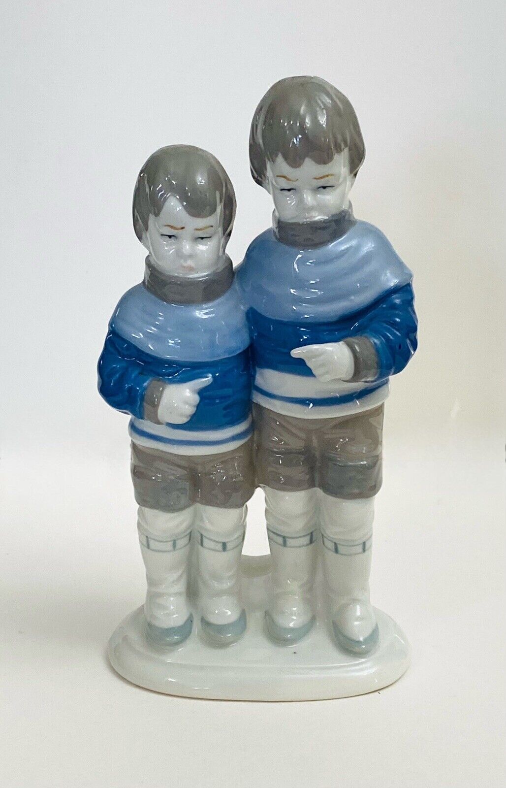 Vintage Lippalsdorf GDR German Porcelain Figurines, Boys In Blue & Gray Sweaters