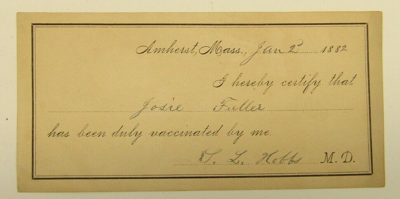 Vintage Antique 1882 Vaccine Vaccination Receipt Card Dr. Hobbs Amherst Mass