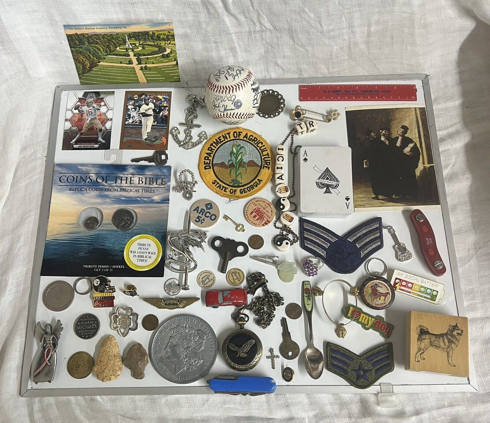 Junk Drawer Lot Vintage Baseball Cards Coins Knife Pocket Watch Patches Pins Key