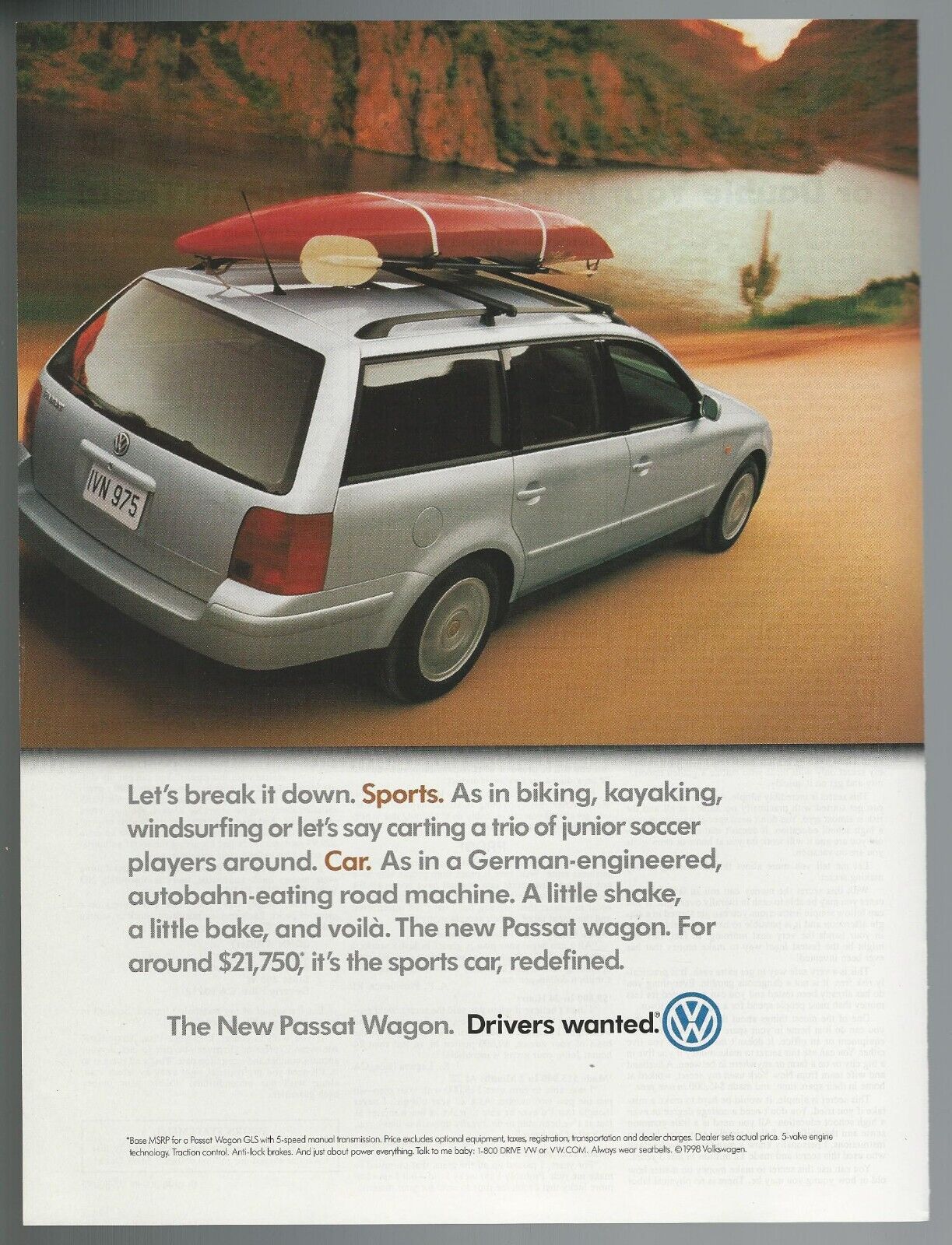 1998 VOLKSWAGEN PASSAT WAGON advertisement, VW Passat wagon print ad, kayak