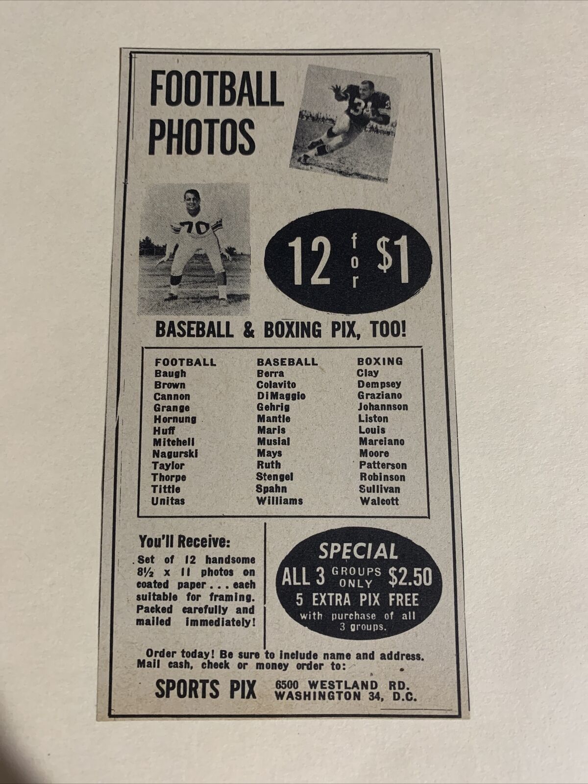 Sports Pix Football Baseball Photos Washington D.C. 1963 S&S Pictorial CO Ad