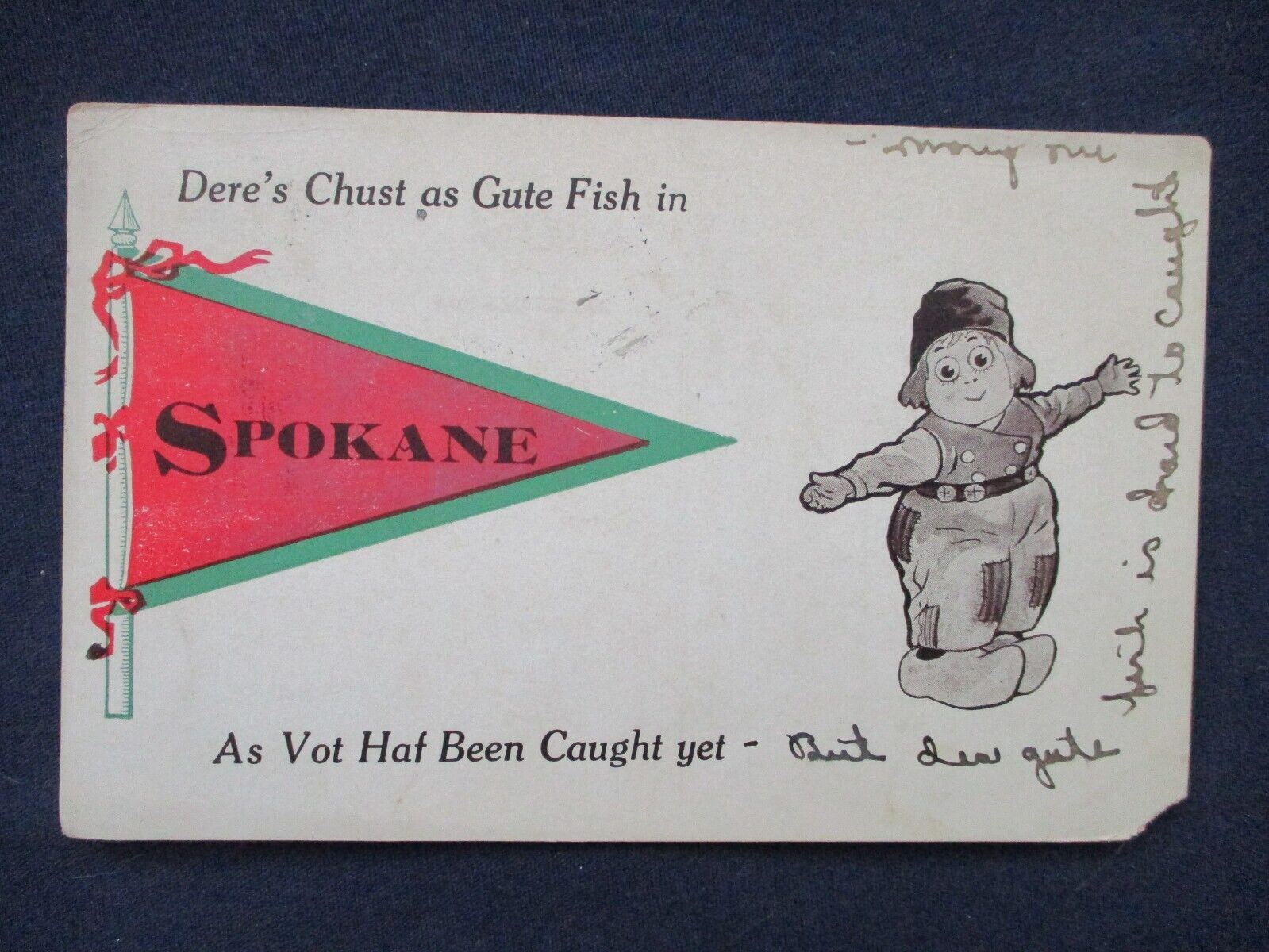 1912 Spokane Washington Dutch Kid Fishing Pennant Greeting Postcard & Cancel