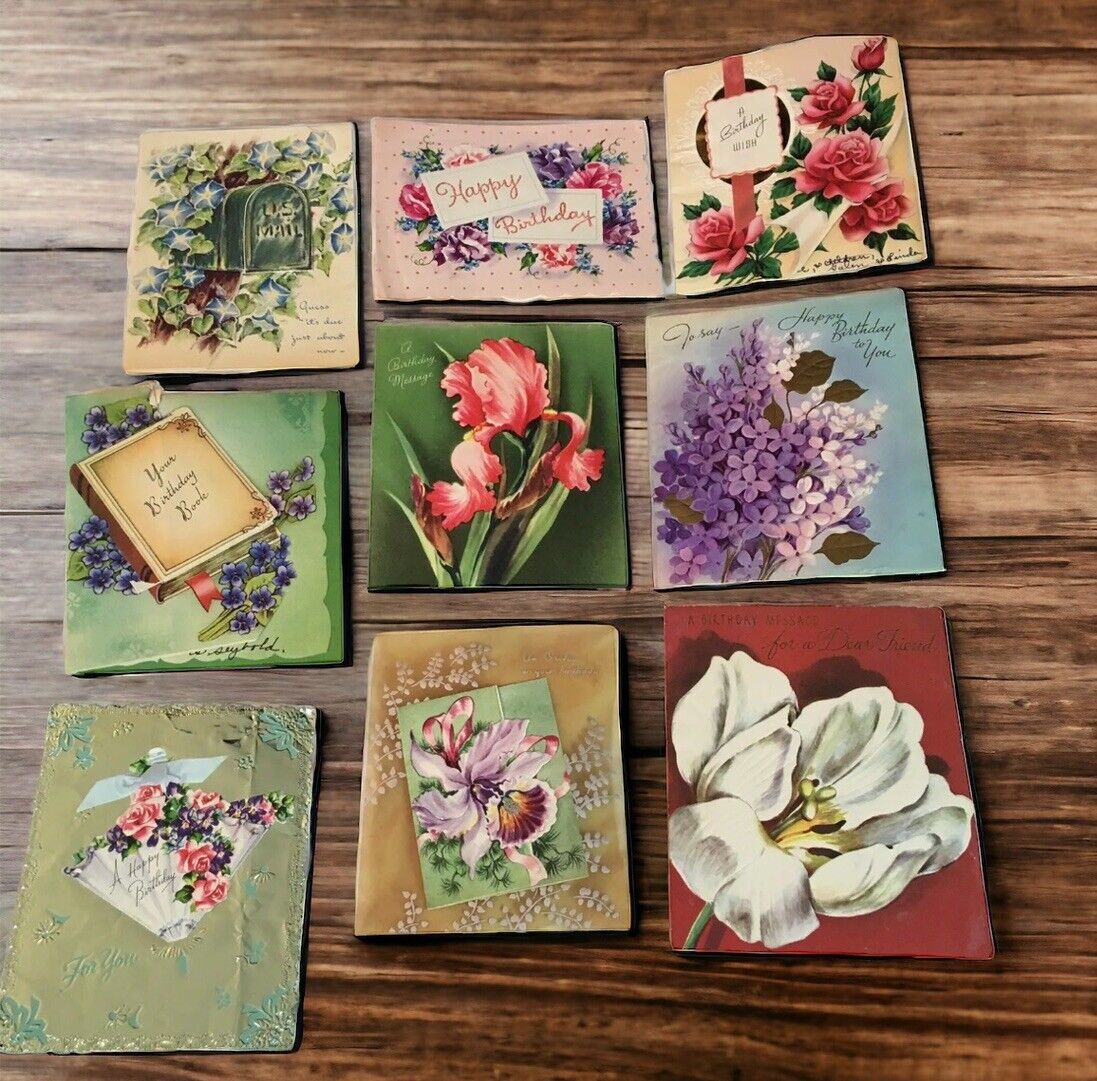 VTG Birthday Card Lot 1940s/50s Flower Floral Theme Used (were In Scrapbook)