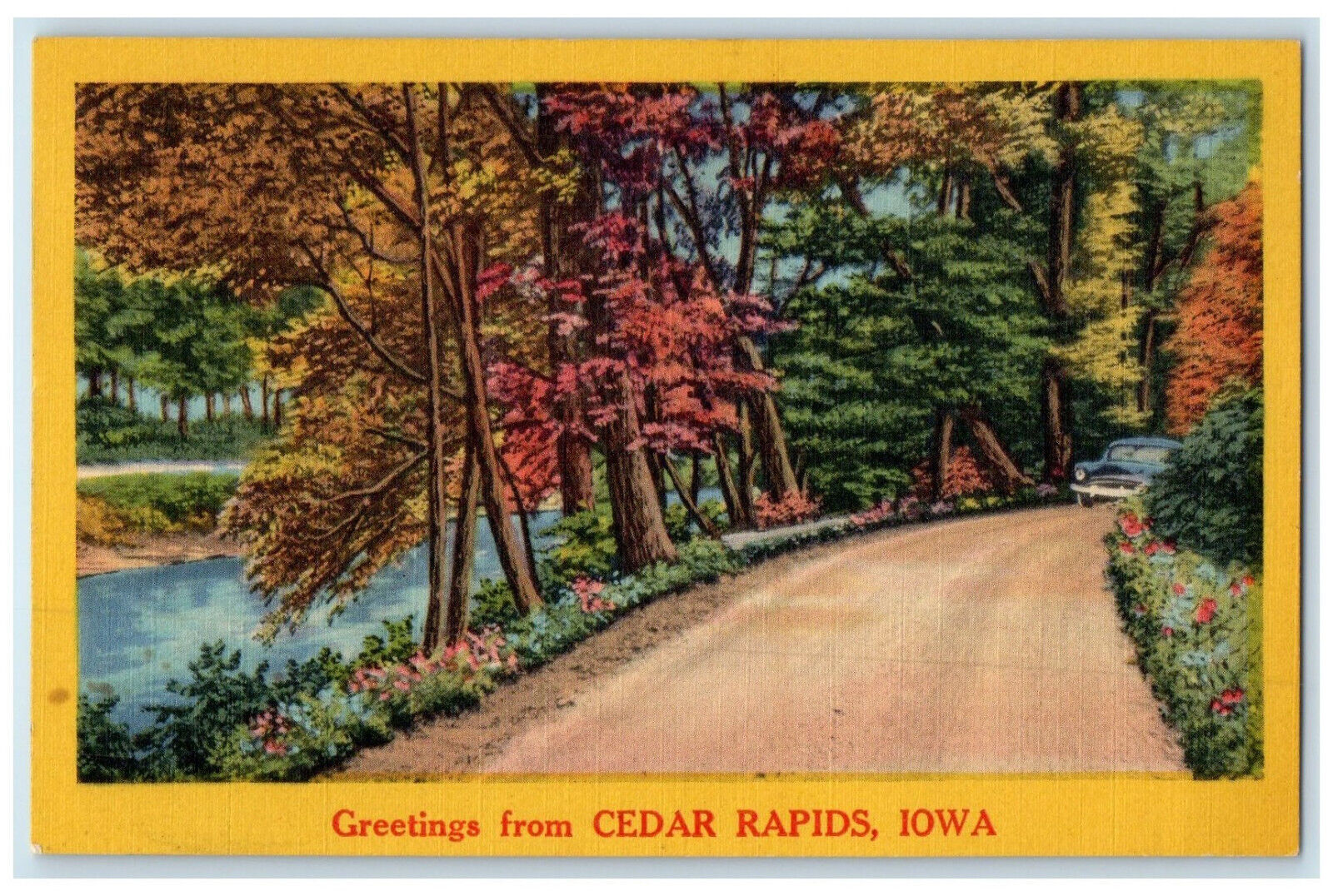 c1940\'s River Car Passing Greetings from Cedar Rapids IA Vintage Postcard