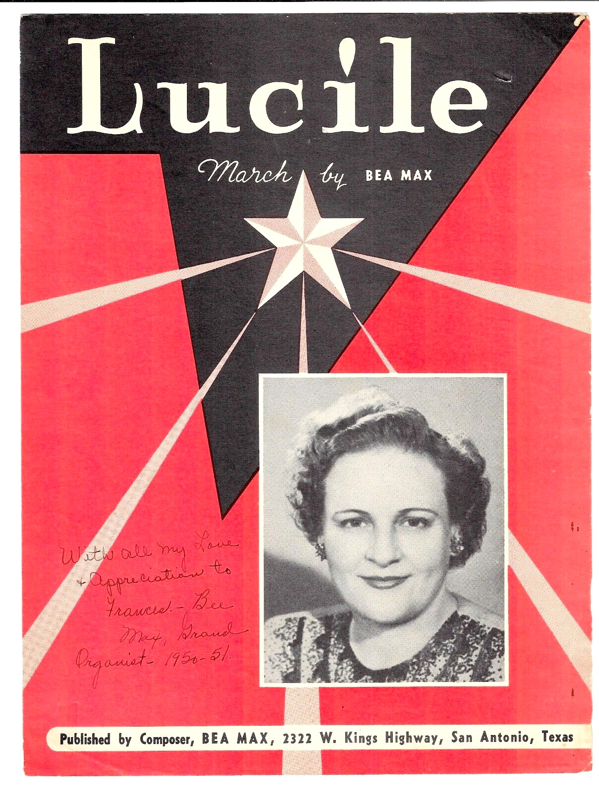 rare SAN ANTONIO Organist Beatrice Max Autograph LUCILLE Sheet Music O.E.S. 1951