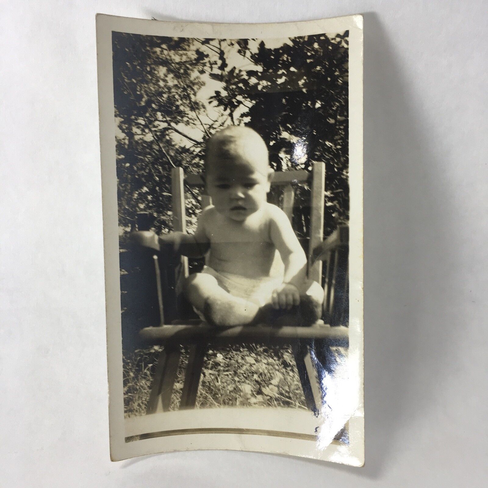 Vtg 1950s Young Baby Boy In Wooden Chair Outside B&W Portrait Photo Photograph