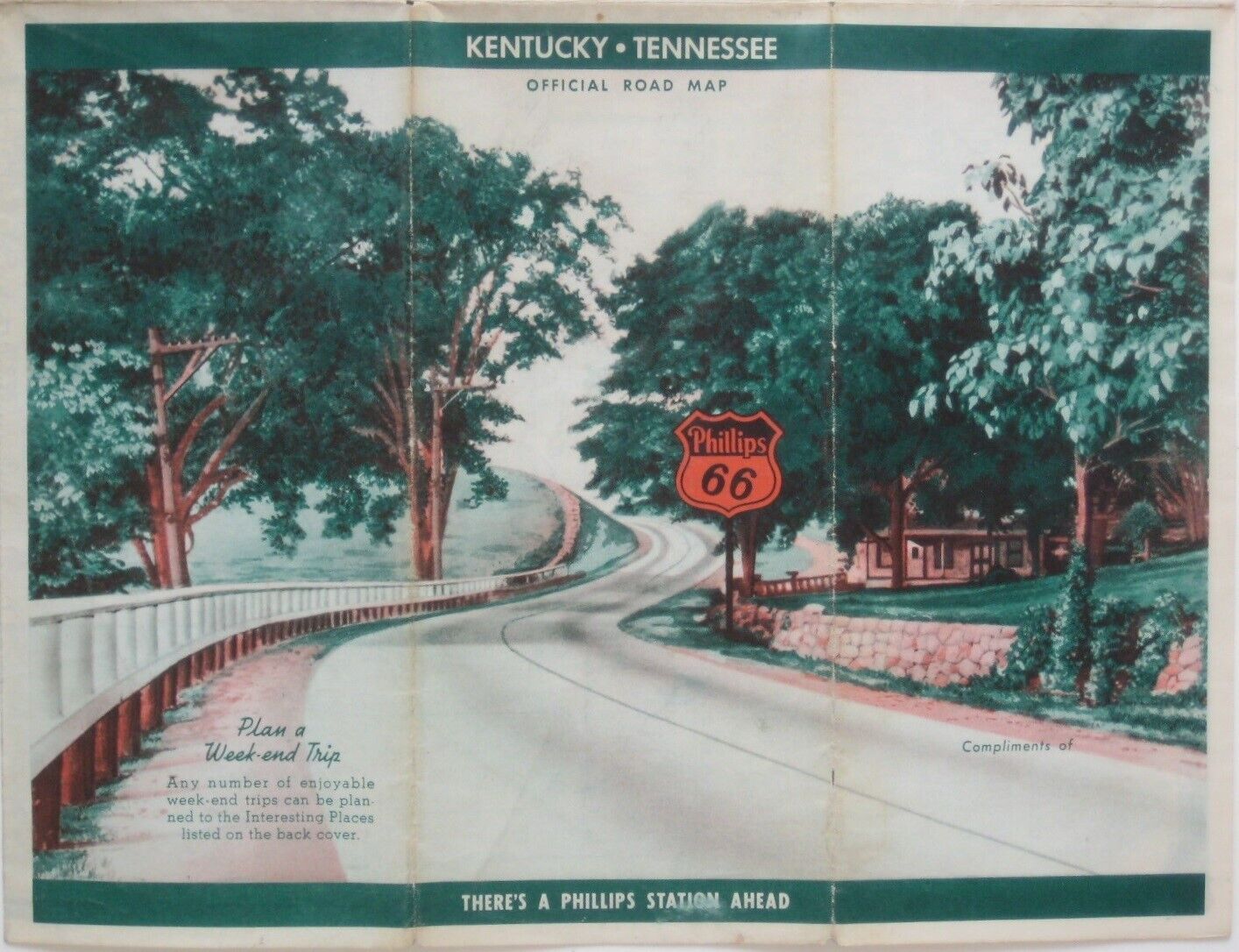 Vintage 1940 PHILLIPS 66 Road Map KENTUCKY TENNESSEE Airport Railroad Stations