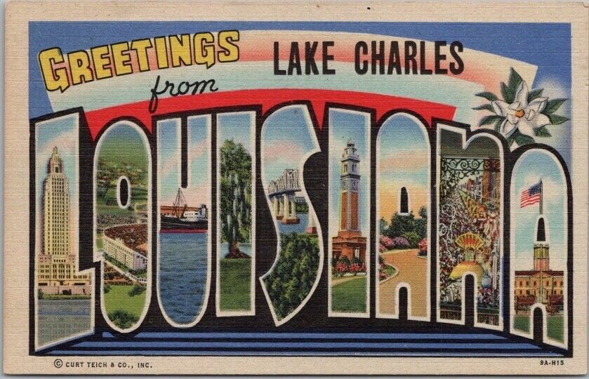 LAKE CHARLES, LOUISIANA Large Letter Postcard / Curteich Linen 1939 Unused