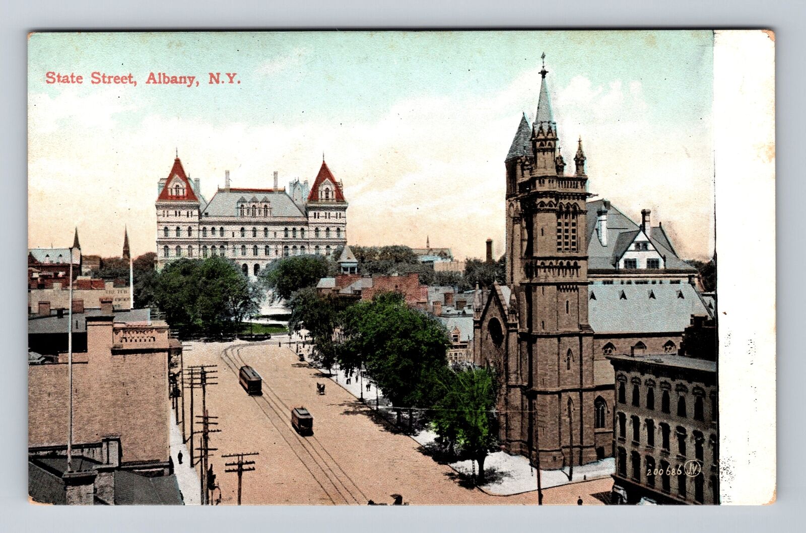 Albany NY-New York, Aerial View State Street in Albany, Antique Vintage Postcard