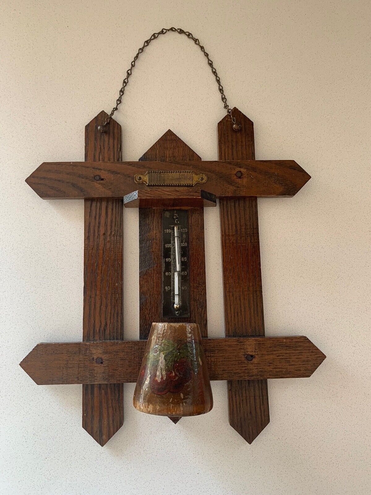 Vintage Primitive North Woods Cabin Oak Wall Match Safe Thermometer Striker