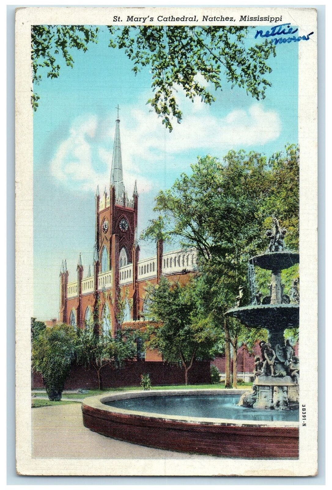 1947 St Mary's Cathedral Fountain Building Tower Natchez Mississippi MS Postcard
