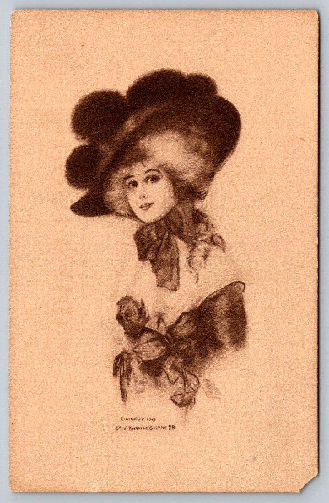 1909 BEAUTIFUL LADY LARGE BRIM HAT J KNOWLES HARE COLUMBUS KS NOBLE Postcard