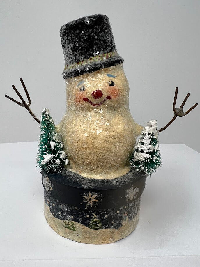 Folk Art Mica Snowman Christmas Paper Mache Snowball Stash Box Figurine