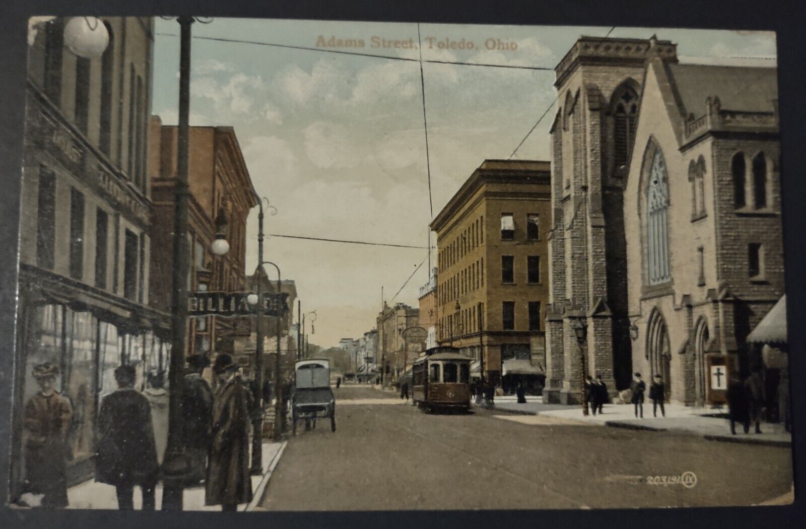 Postcard Vintage Adams Street Toledo Ohio Church Trolley People 1910