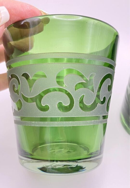 SET OF 2 Artland Glass Renaissance Sage GREEN LOWBALL Glass RARE VGC Hand Blown