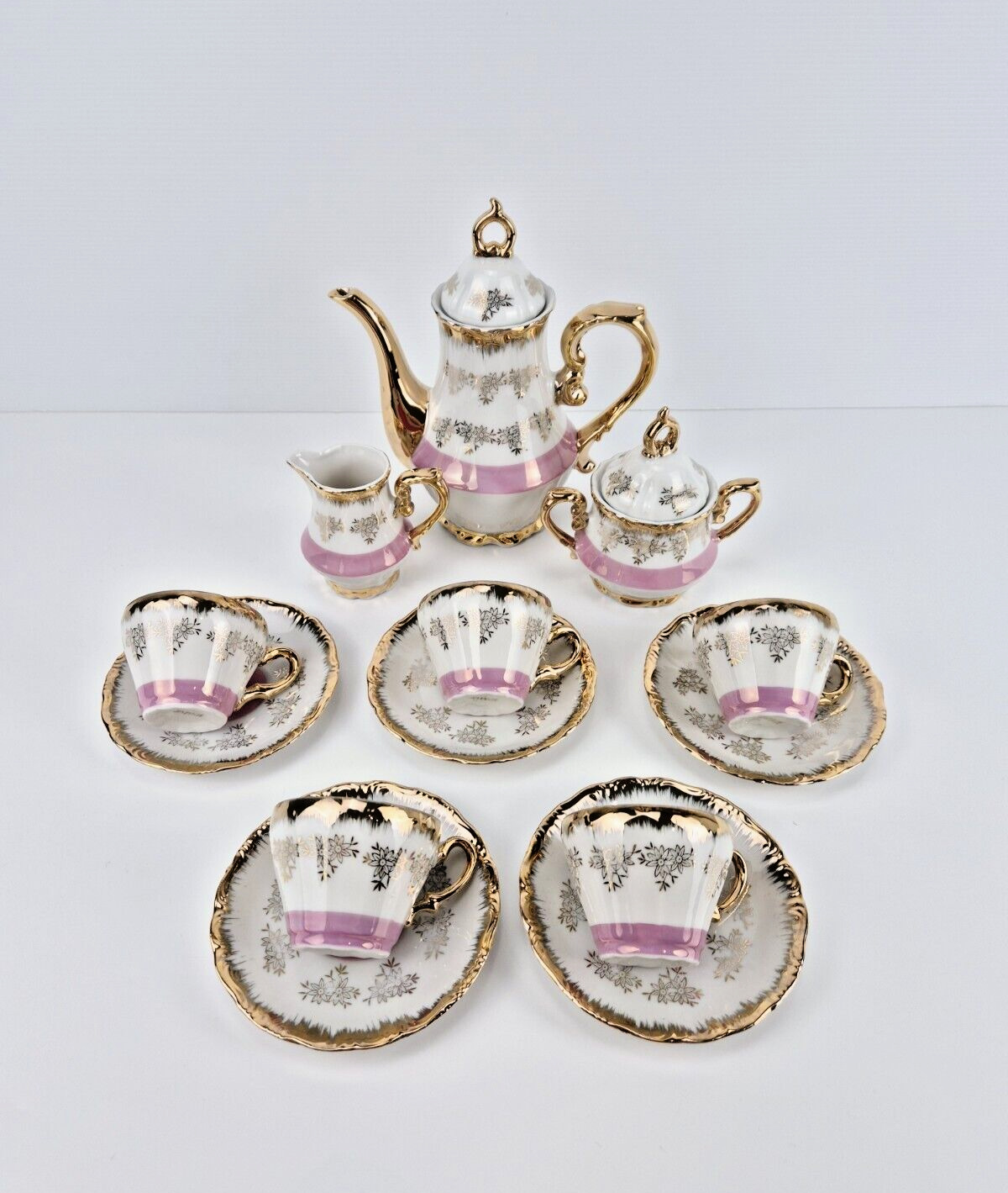 Vintage Pink & Gold Baroque Style Demitasse 13 Piece Coffee Set Japan 1950s VGC