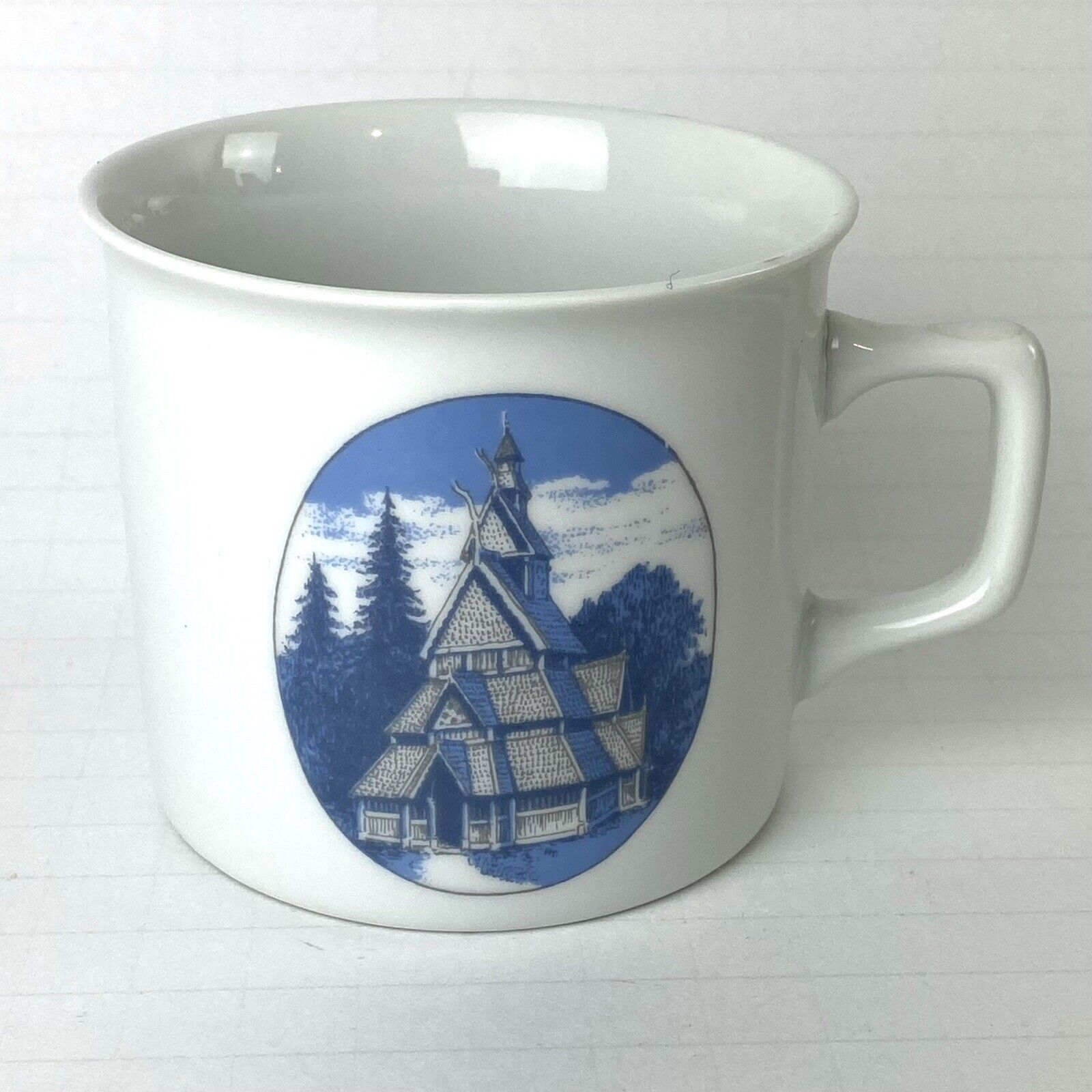 Vintage Porsgrund Norway 74 Coffee Cup with Stave Church White Blue Gray