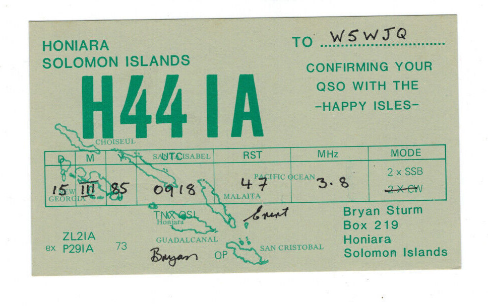 Ham Radio Vintage QSL Card     H44IA 1985 Honiara SOLOMON ISLANDS