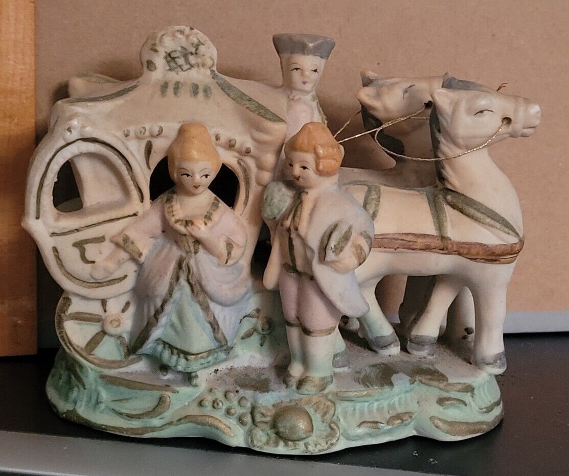 VINTAGE CERAMIC HORSE DRAWN CARRIAGE AND PASSENGERS FIGURINE MADE IN JAPAN
