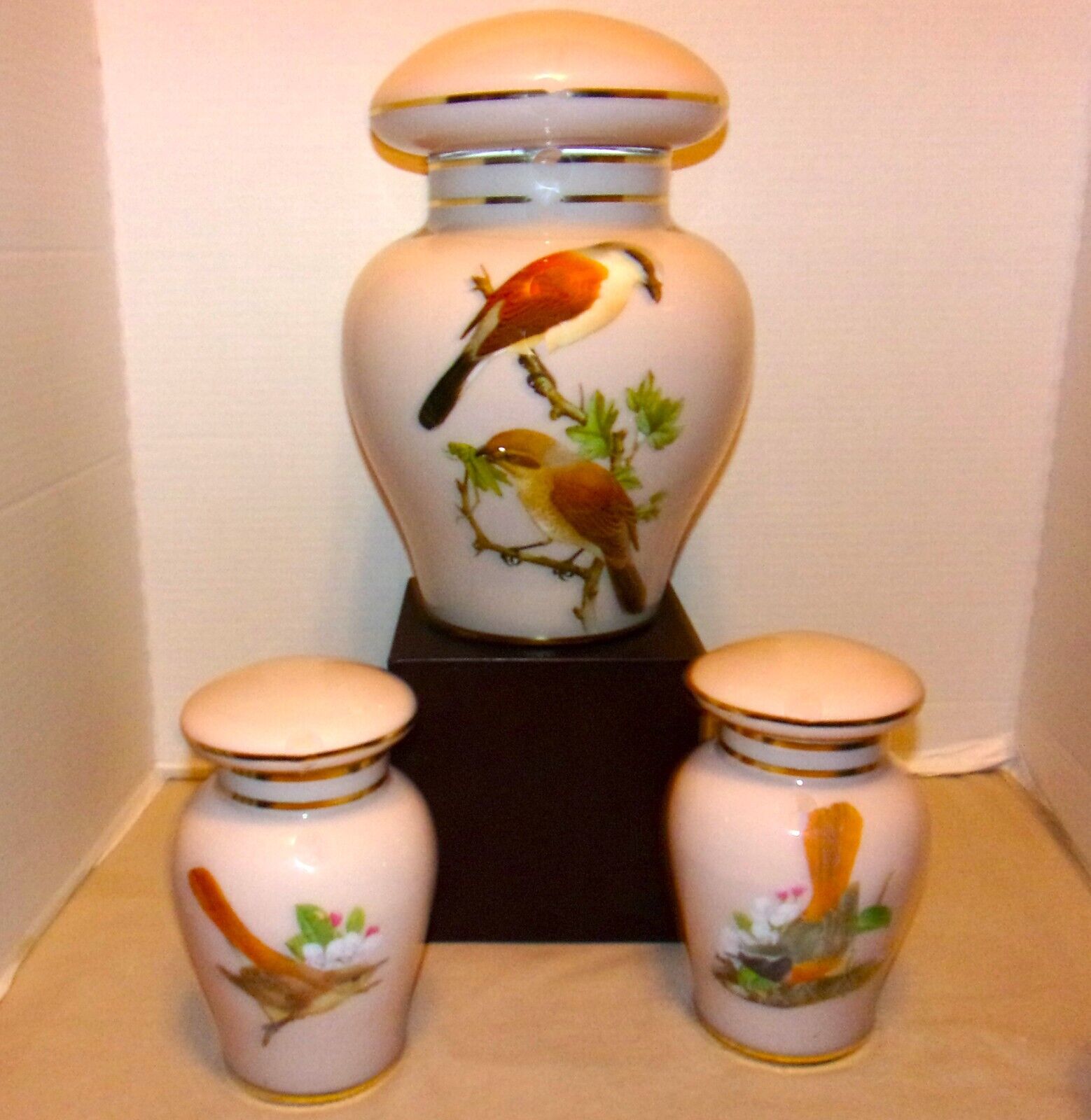 3 Pc. Set of Reverse Painting on Glass Ginger Jars w/Wild Birds Painted on Them