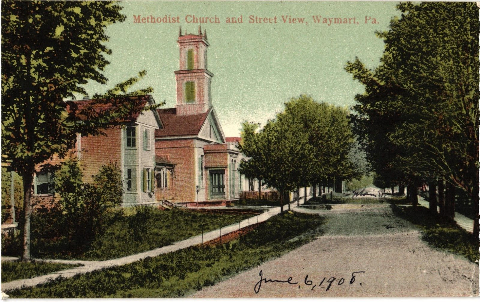 Methodist Church and Street View Waymart PA Divided Postcard c1908