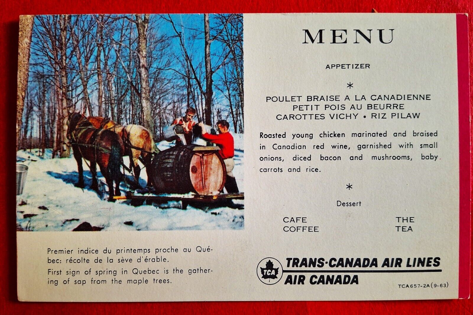 Trans Canada Airlines Air CANADA Postcard Menu Airline Issue