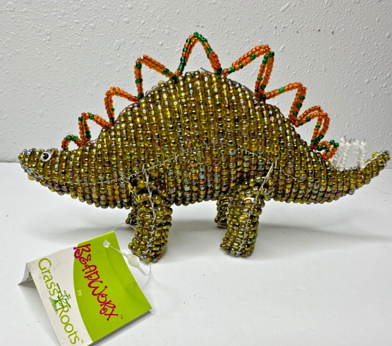 Beadwork Sculpture Dinosaur Stegosaurus Grass Roots Green Silver 4x7 Tags