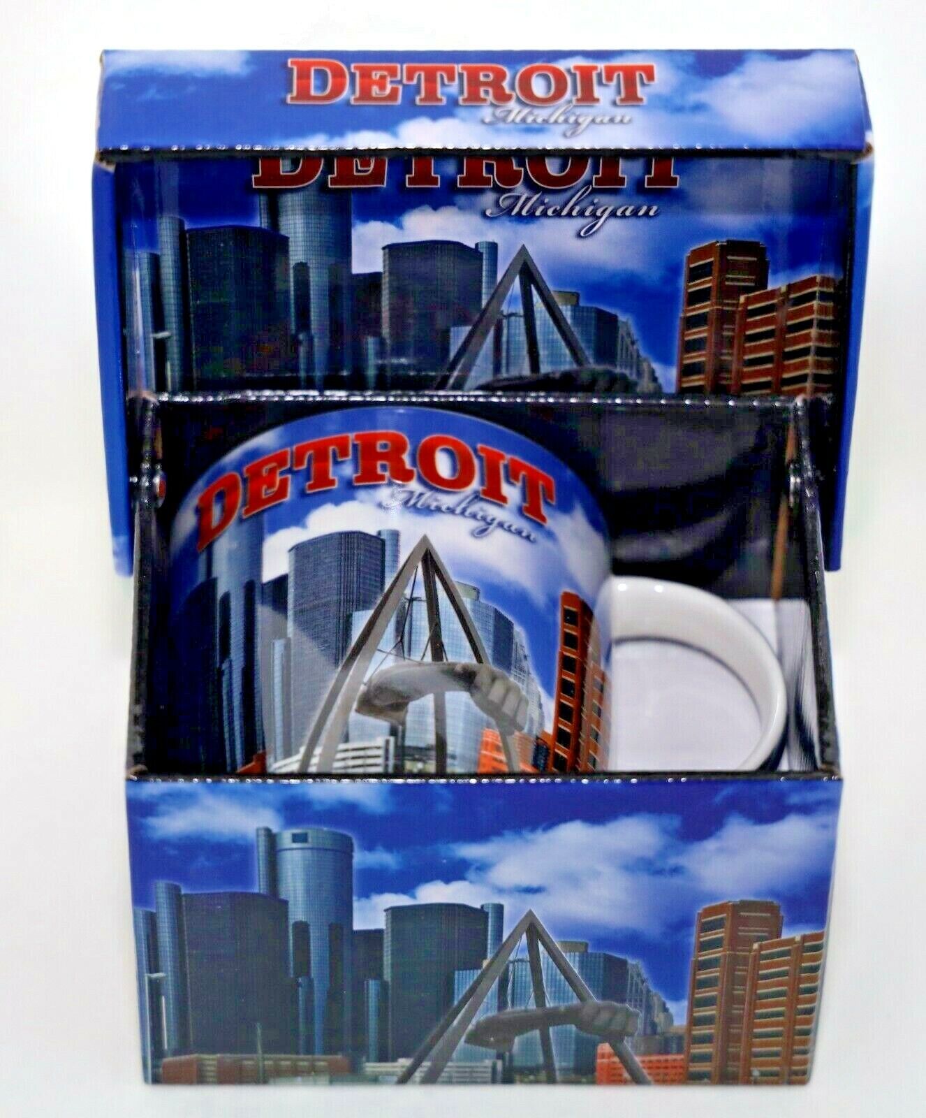 Detroit Michigan Blue Skyline Red Letters Boxed Coffee Mug 12 oz