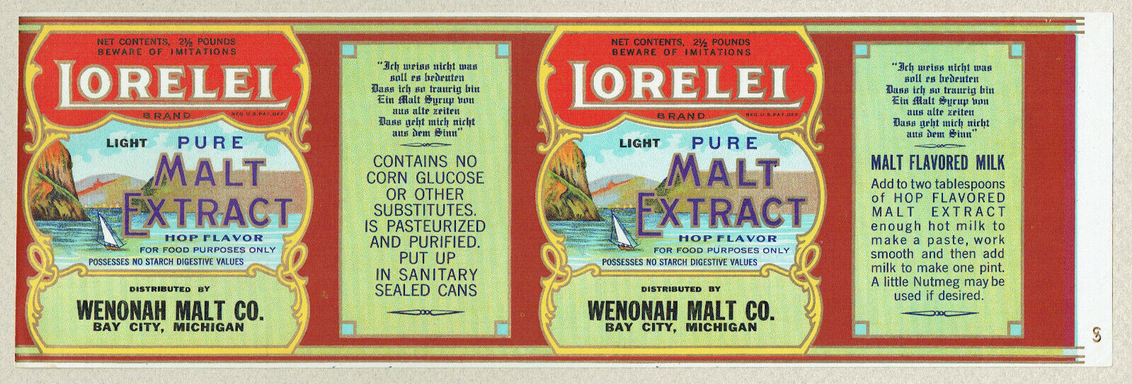 ORIGINAL Wenonah Lorelei Barley Malt Labels Mid 1920\'s~Bay City, Mich.