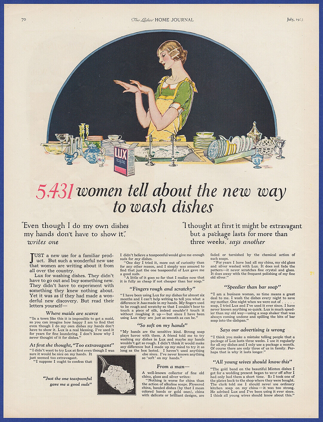 Vintage 1923 LUX Dish Washing Detergent Soap Bathroom Art Decor 20\'s Print Ad