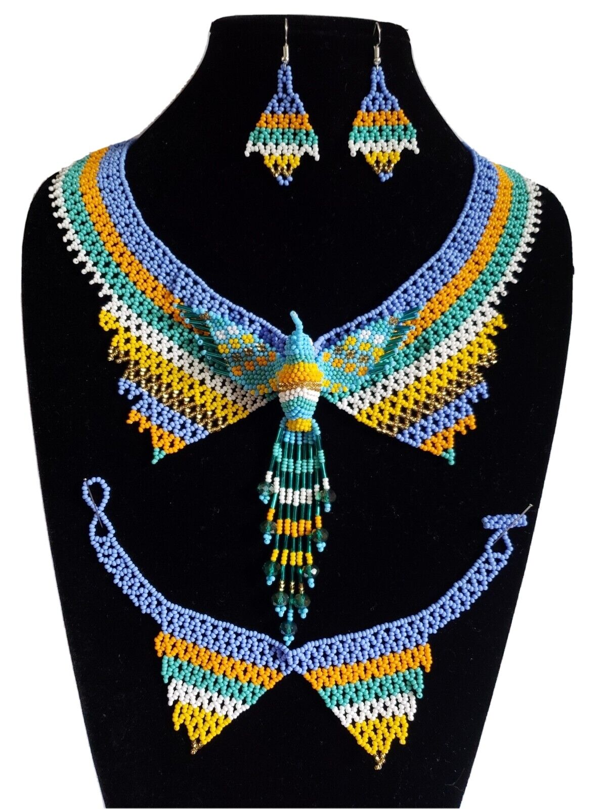 huichol art,3 pcs mexican women\'s hummingbird necklace set,, chaquira beads