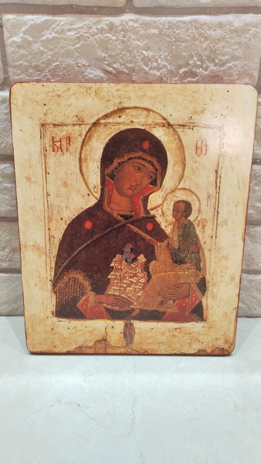 Antique Icon Mother Of God Madonna Virgin Marry and Jesus Hand Made Holly Land