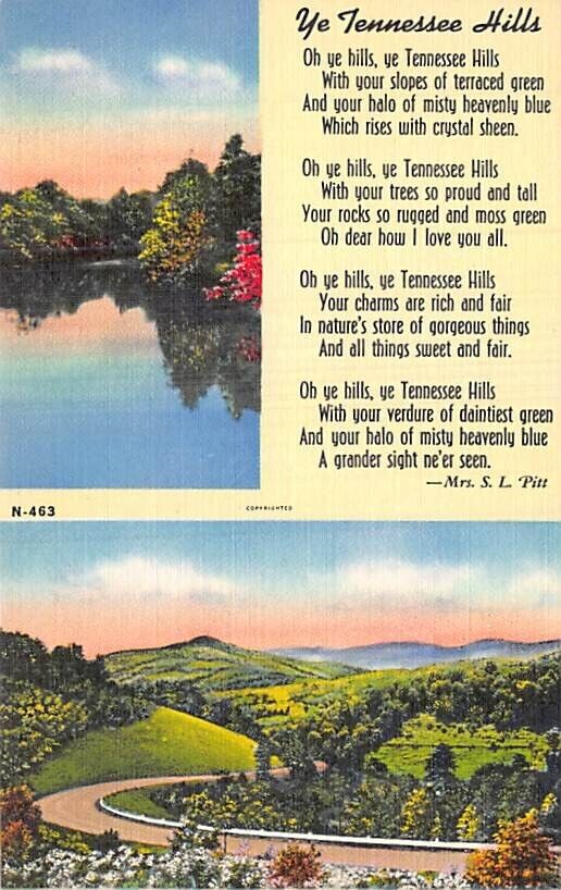 Postcard TN: Ye Tennessee Hills, Poem, Mrs. SL Pitt, Vintage Linen, Unposted