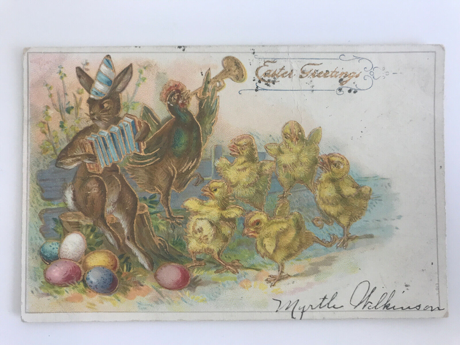 Postcard Embossed Vintage Easter Greetings Bunny Rabbit Rooster Chicks Music