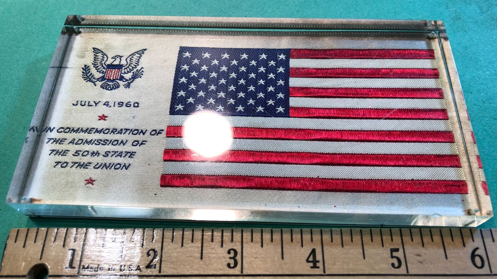 July 4th 1960 Artex Woven Label Paperweight 50 Star Flag Hawaii 50th State VTG