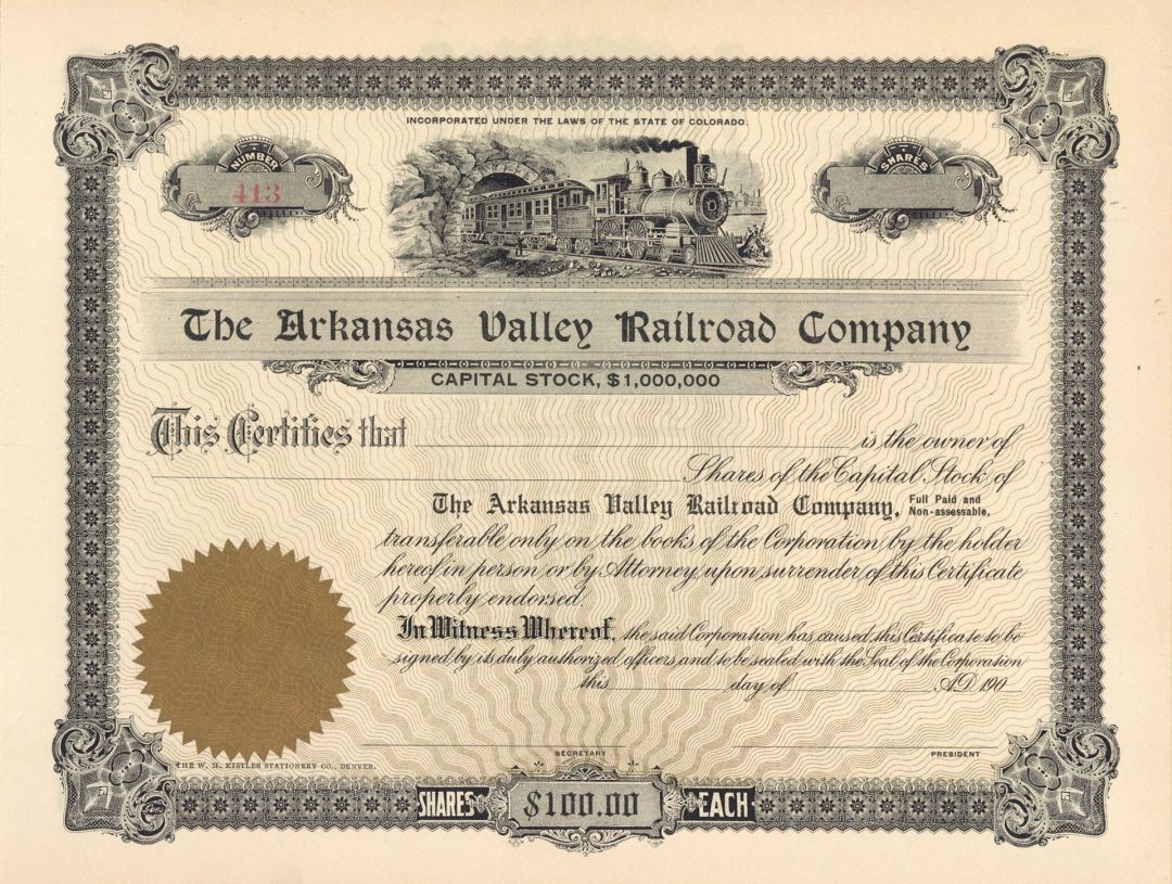 Arkansas Valley Railroad Co. - Railway Stock Certificate - Branch Line of the At