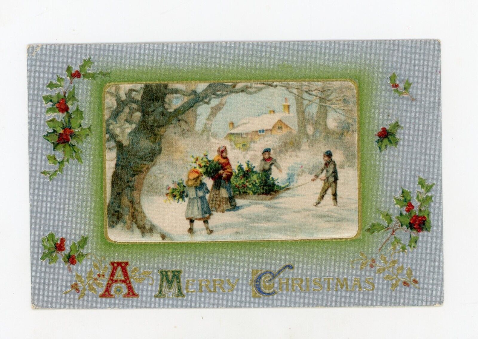 Vintage Postcard Christmas  CHILDREN   SNOW  HOUSE EMBOSSED SLIVER UNPOSTED